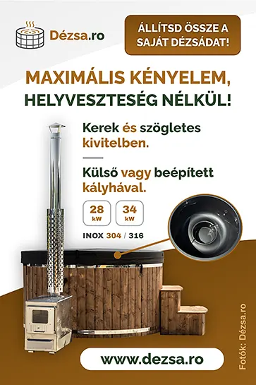 Dézsa.ro – Kerek, fa burkolatú fürdődézsa külső inox kályhával és fellépővel